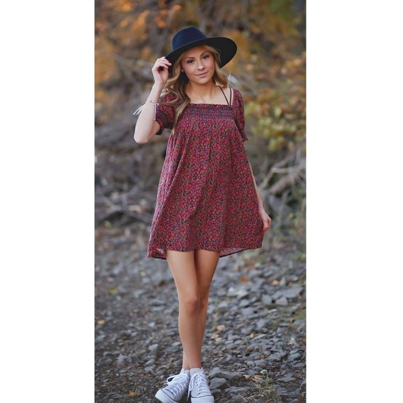 AE American Eagle Floral Babydoll Dress Puff Sleeves Honeycomb Embroidery - Picture 14 of 15